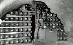 Men loading bombs at Umatilla Ordnance Depot in the 1940s.